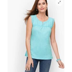 Talbots Knit Top Light Blue Sleeveless Embroidered Eyelet Cottage Beach Size L
